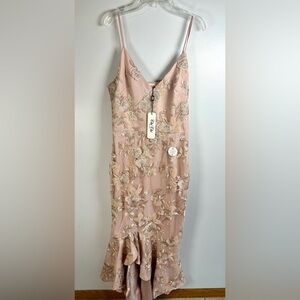 Chi Chi London Blush Floral Midi Dress Ruffle Sequin Formal Embroidered size 10